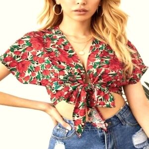 NEW Large Flowered Red  Floral BAT Sleeve Tie Front Crop Top V neckline